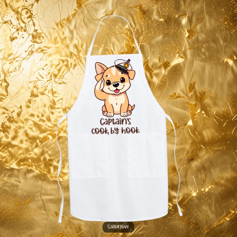 Funny Apron: A cute puppy dog wearing a sailor hat salutes, bringing humorous charm to kitchen duties.