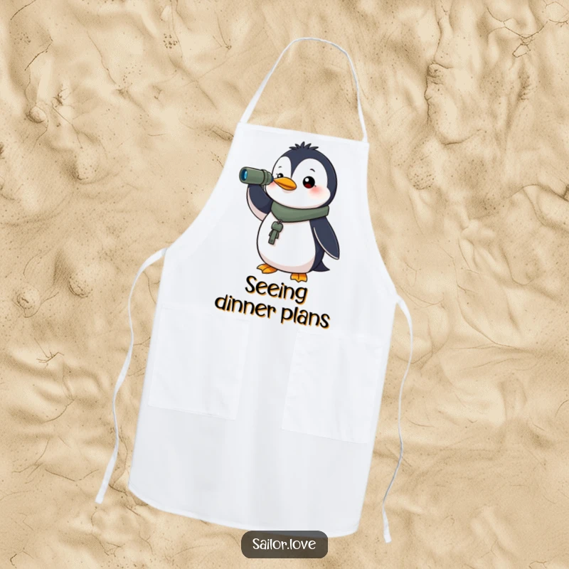 Funny apron with a determined penguin holding a spyglass, looking towards the horizon, ideal for kitchen fun with an adventurous theme.