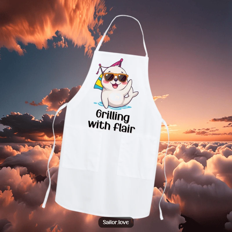 Funny seal apron showing a joyful character in sunglasses adjusting a sail, ideal for nautical kitchens and funny chef wear.