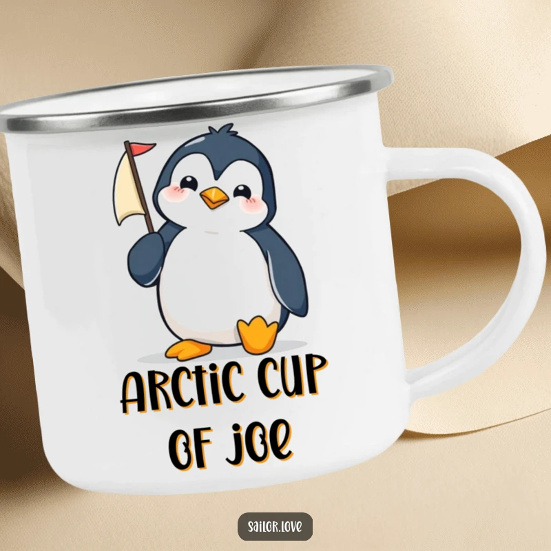 Funny penguin adjusting a tiny sail on a camping mug, ready for outdoor adventures.