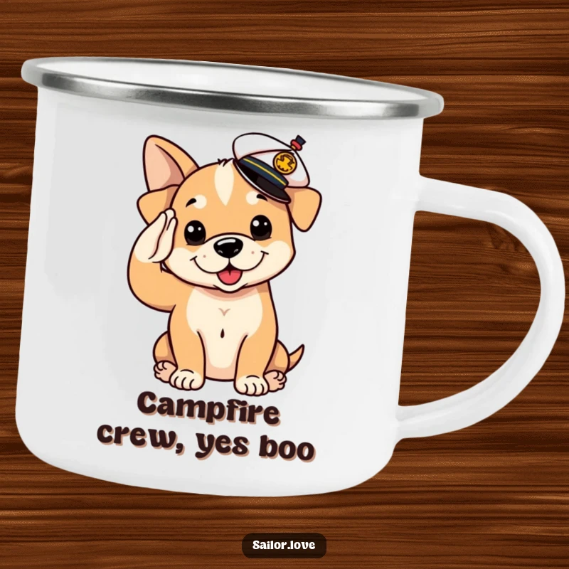 Funny Camping Mug: A playful puppy dog in a sailor hat salutes, bringing cute humor to camping trips.