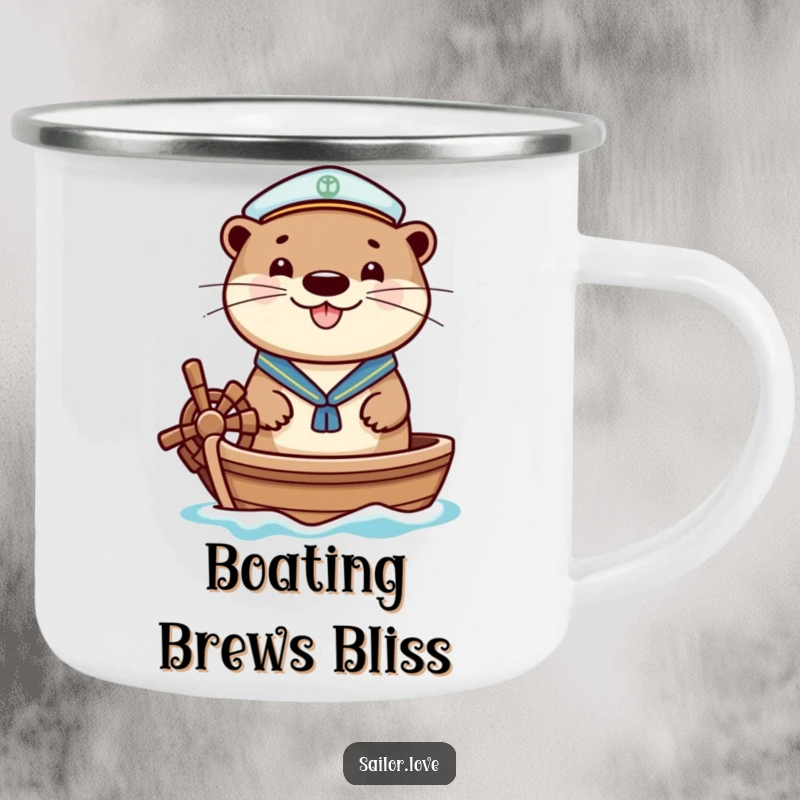 Funny camping mug featuring a cheerful otter wearing a sailor hat, happily steering a small boat, ideal for outdoor enthusiasts with a smile.