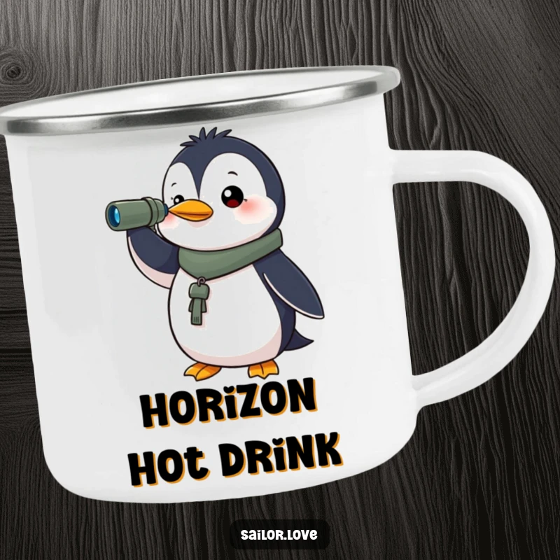 Funny camping mug featuring a determined penguin holding a spyglass, looking towards the horizon, ideal for outdoor enthusiasts with a sense of purpose.