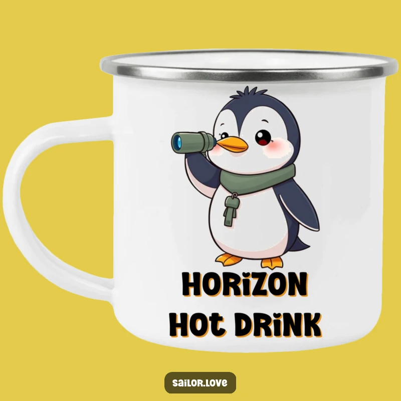 Funny Determined Penguin Camping Mug - Spyglass Horizon Companion, Outdoor Gift!