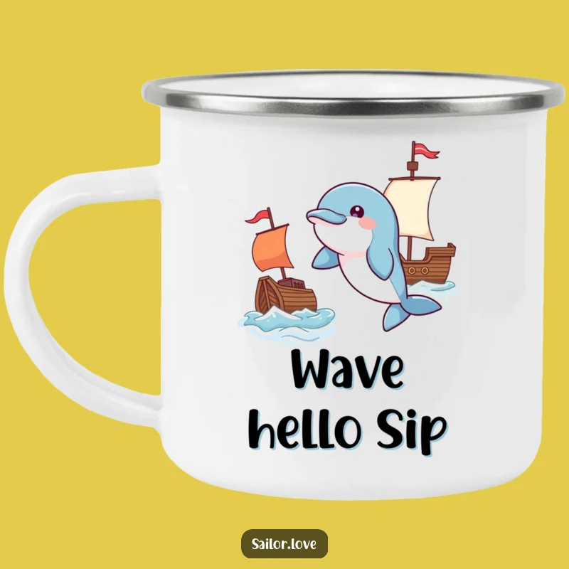 Funny Playful Dolphin Camping Mug - Flag & Ship Companion, Outdoor Gift!