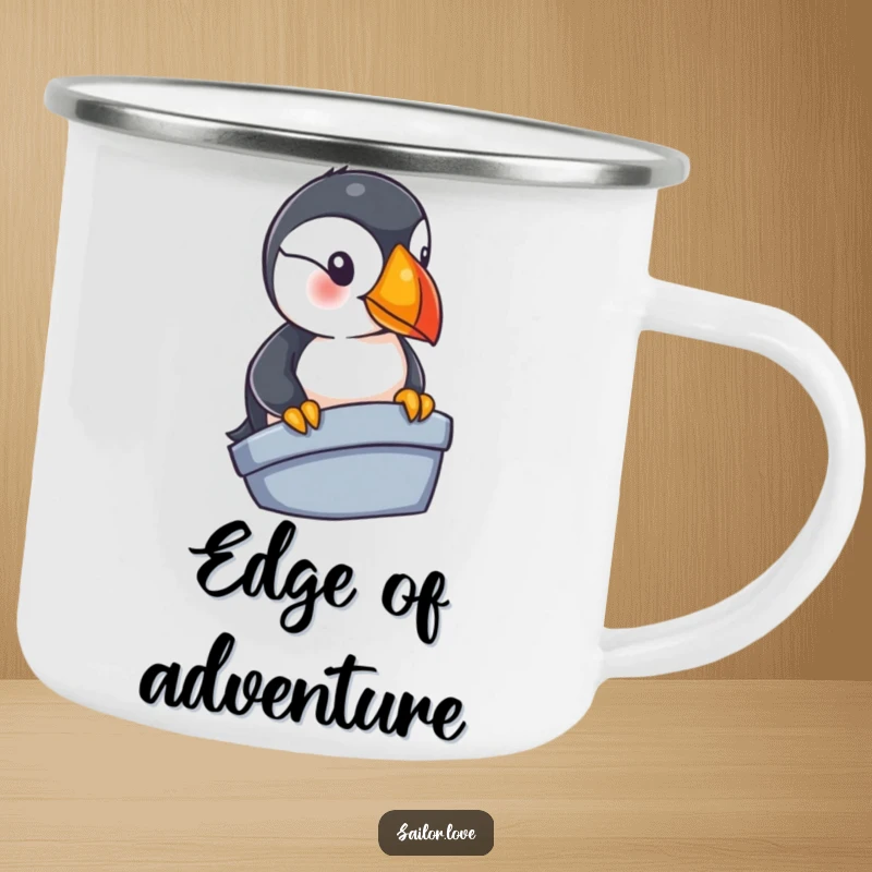Funny puffin camping mug featuring a curious bird overlooking a boat's edge, perfect for outdoor enthusiasts and nautical humor.