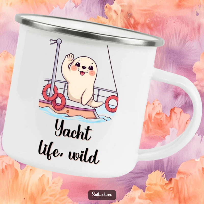 Funny camping mug with a happy seal saluting from the deck of a yacht, designed for adventurous souls who appreciate luxury humor.