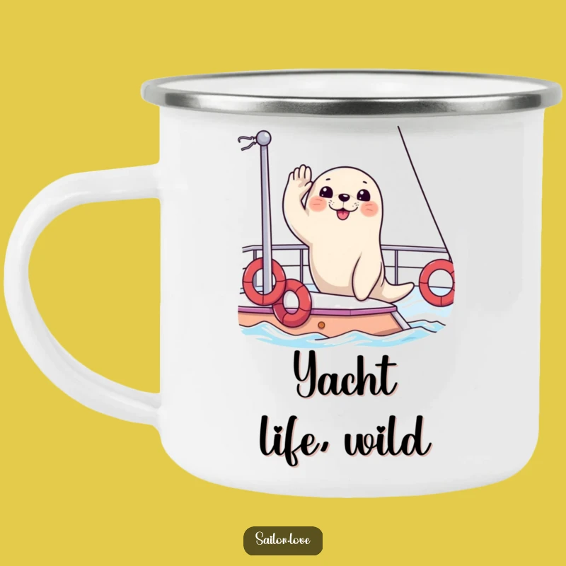 Funny Seal Yacht Camping Mug: Durable Mug with Saluting Seal & Yacht, Perfect Outdoorsy Funny Gift
