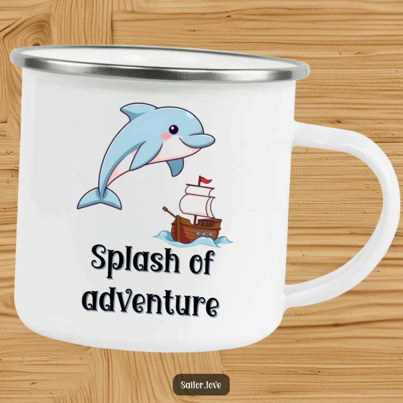 Funny smiling dolphin leaping near a tiny ship on a camping mug, ready for outdoor fun.