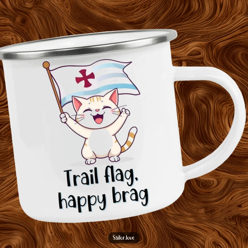 Funny Camping Mug: A happy cat unfurls a nautical flag, bringing joyful humor to camping trips.