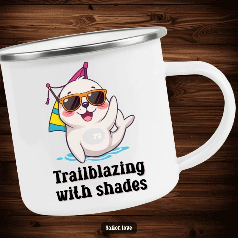 Funny seal camping mug featuring a joyful character in sunglasses adjusting a sail, perfect for outdoor enthusiasts and nautical humor.