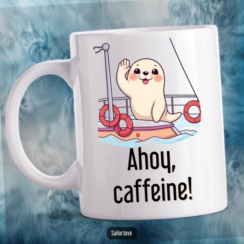 Funny mug featuring a happy seal proudly saluting from the deck of a luxurious yacht, exuding nautical charm and humor.