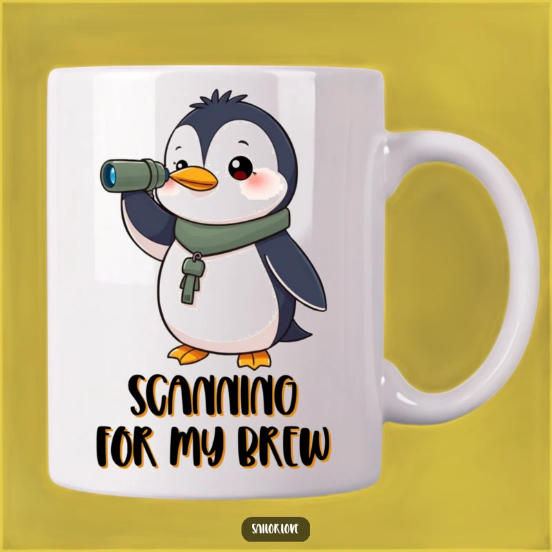 Funny Determined Penguin Spyglass Mug - Horizon Explorer Design, Perfect Gift!