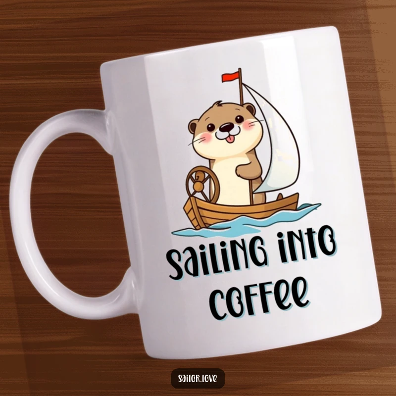 Funny mug featuring a cheerful otter happily steering a small sailboat, radiating joy and a love for the open sea.