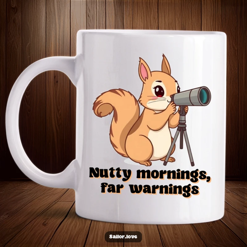 Funny Mug: A curious squirrel uses a small telescope to scan a distant horizon with intense focus.