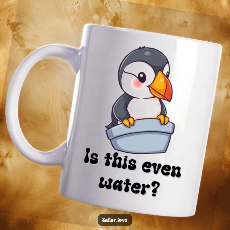 Funny puffin mug with a curious character peeking over a boat's edge, showcasing nautical exploration and bird humor.