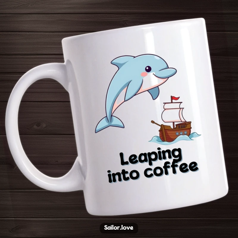Funny smiling dolphin leaping joyfully near a tiny ship on a mug.