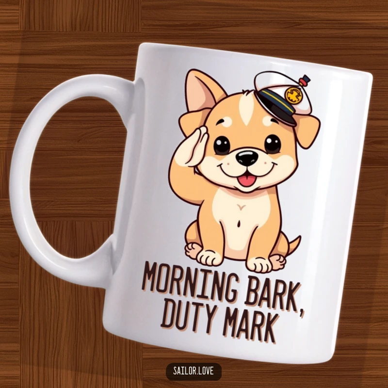 Funny Mug: A playful puppy dog wearing a tiny sailor hat askew, giving a charming salute.