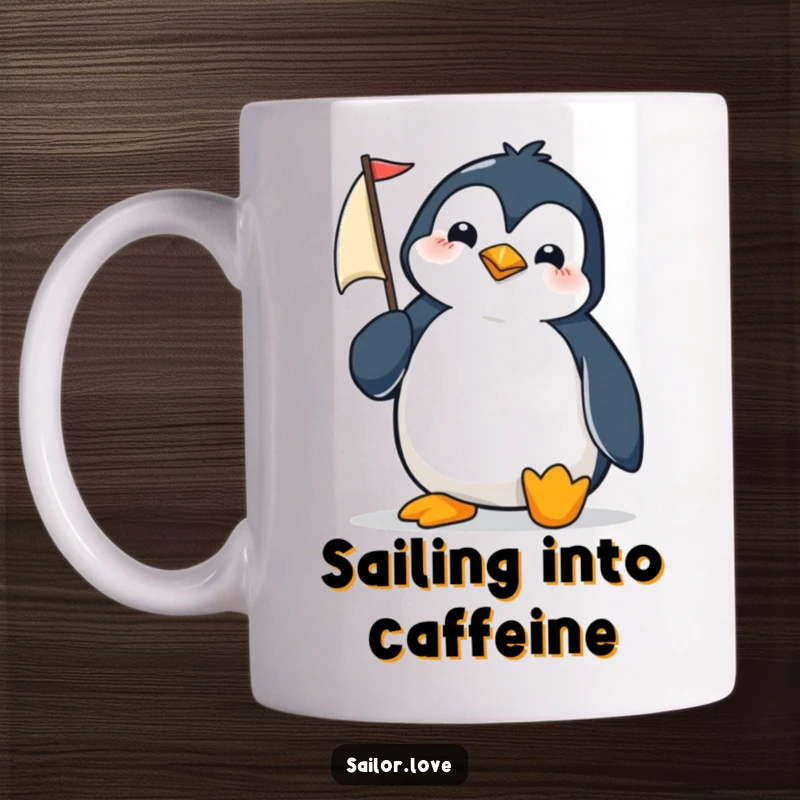 Funny penguin adjusting a tiny sail on a mug, looking determined and ready for adventure.