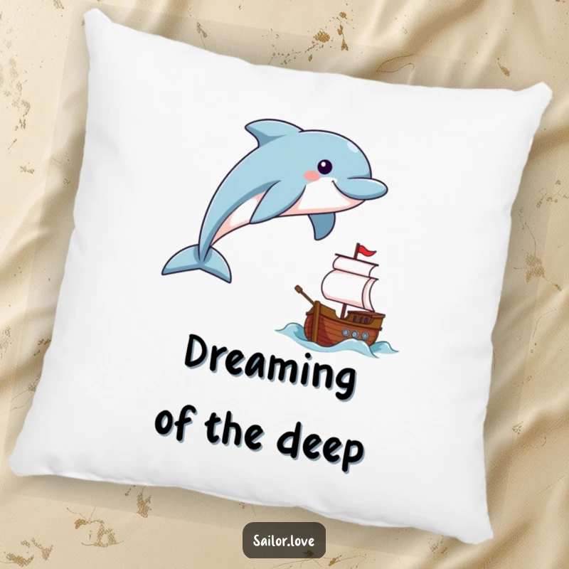 Funny smiling dolphin leaping near a tiny ship on a pillow, looking cheerful.
