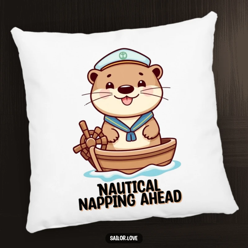Funny pillow featuring a cheerful otter wearing a sailor hat, happily steering a small boat, perfect for cozy nautical decor.