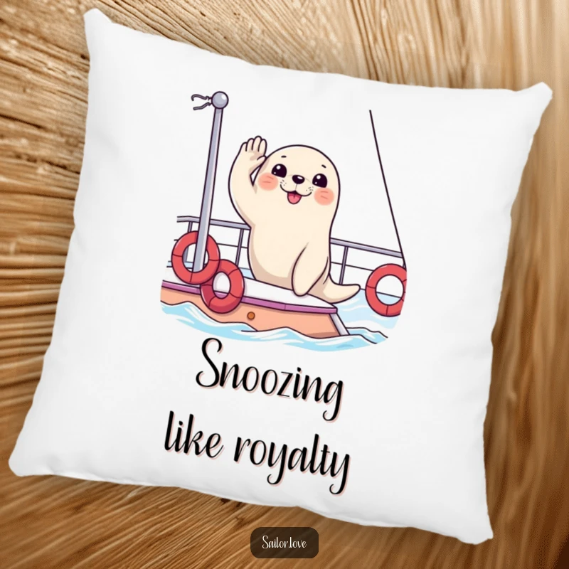Funny pillow featuring a plush, happy seal saluting from the deck of a yacht, adding comfort and sophisticated nautical humor.