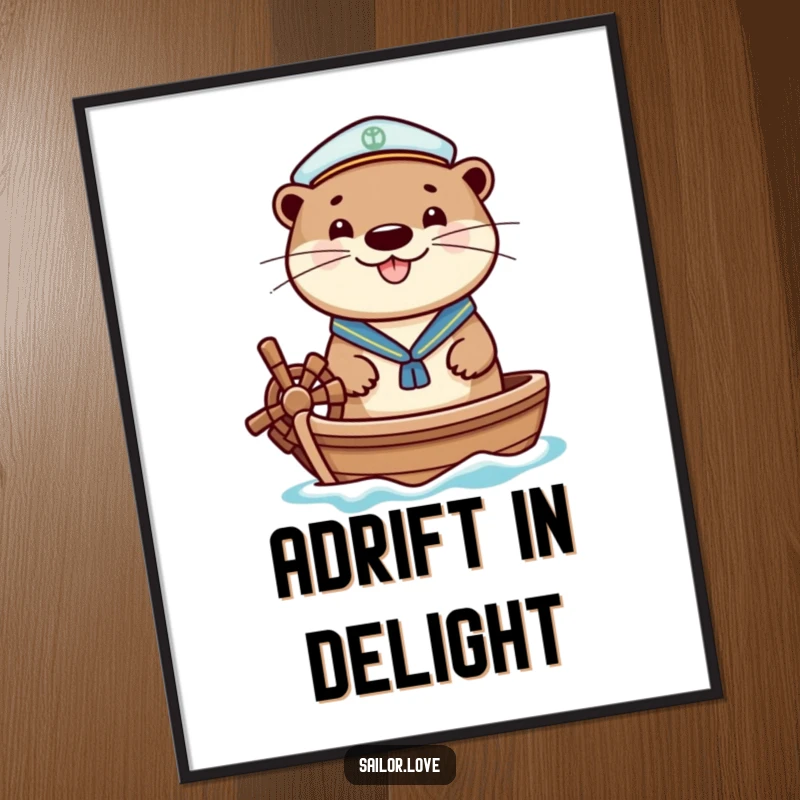 Funny digital art print of a cheerful otter wearing a sailor hat, happily steering a small boat, perfect for instant nautical decor.