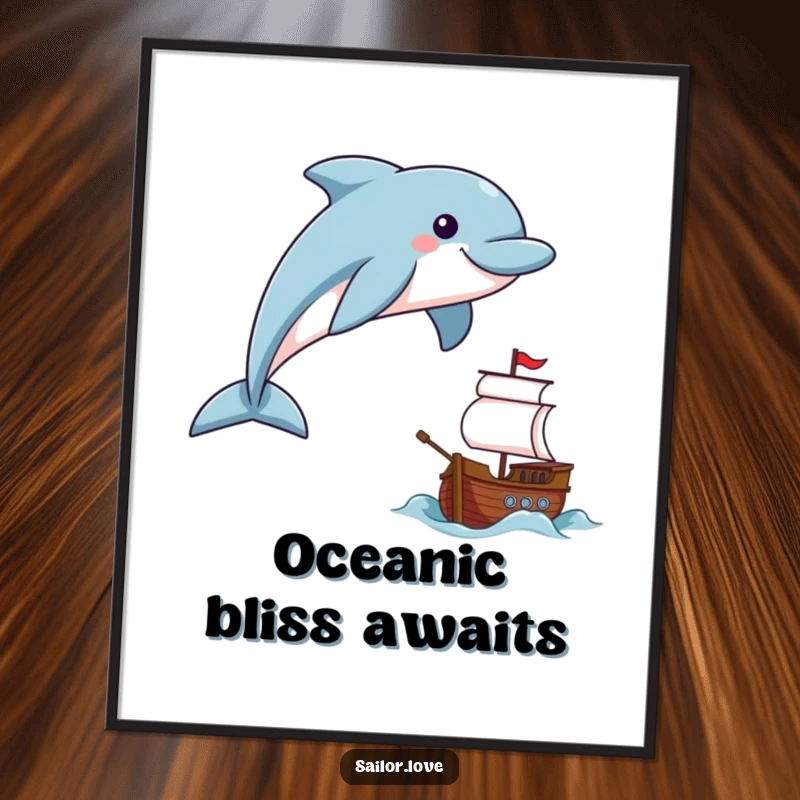 Funny smiling dolphin leaping near a tiny ship on a digital art print, embodying aquatic joy.