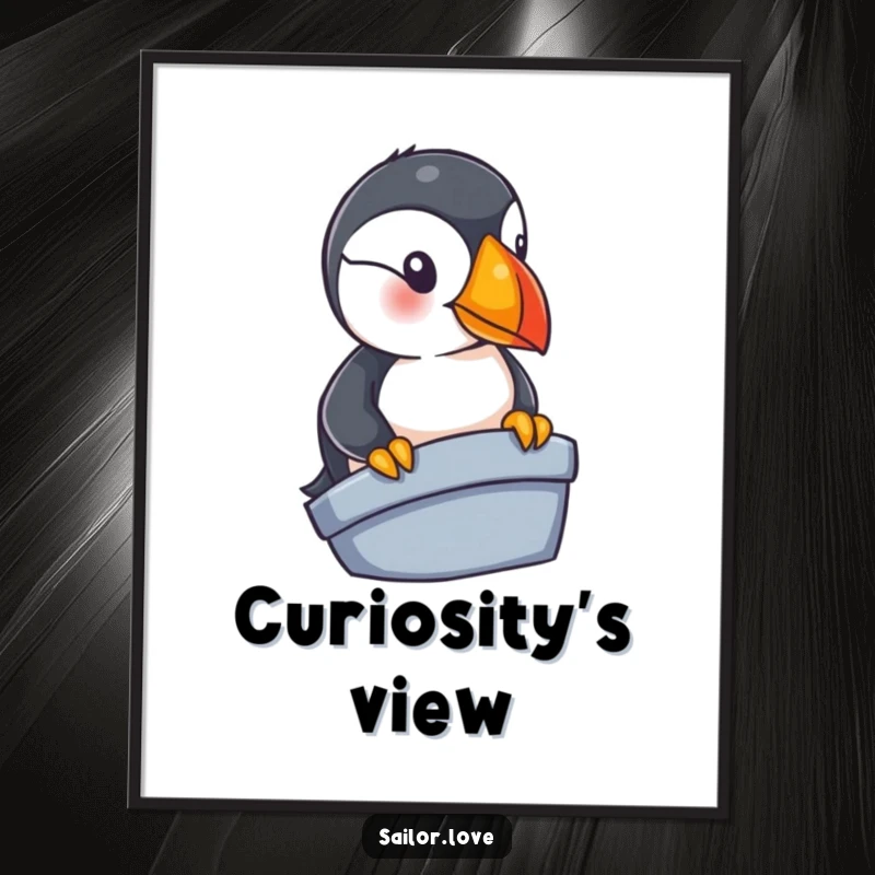 Funny puffin digital art print of a curious bird looking over a boat's edge, ideal for instant nautical decor and humor lovers.