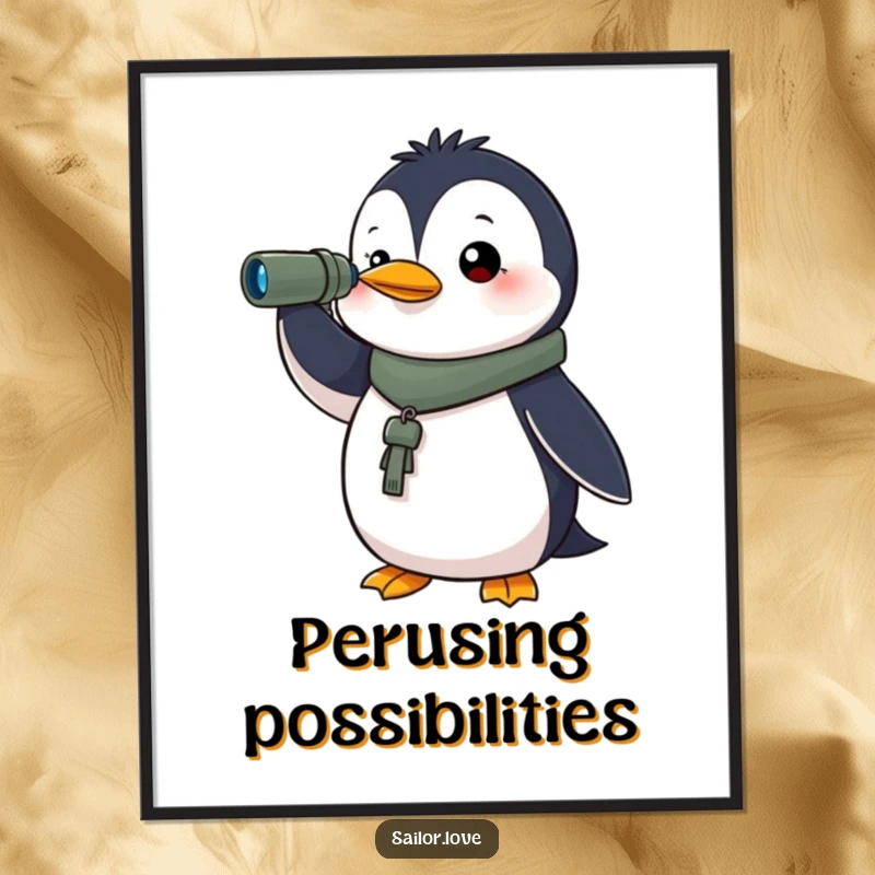 Funny digital art print of a determined penguin holding a spyglass, looking towards the horizon, perfect for instant motivational decor.