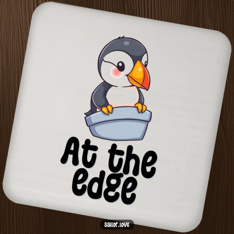 Funny puffin coasters showcasing a curious bird peering from a boat, offering nautical protection and a splash of humor.
