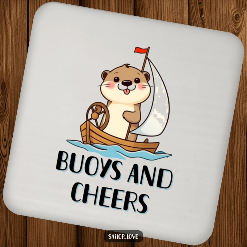 Funny coasters featuring a cheerful otter happily steering a small sailboat, protecting surfaces with nautical humor.