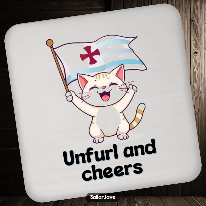 Funny Coaster: A happy cat unfurls a nautical flag, offering humorous protection for your tables.