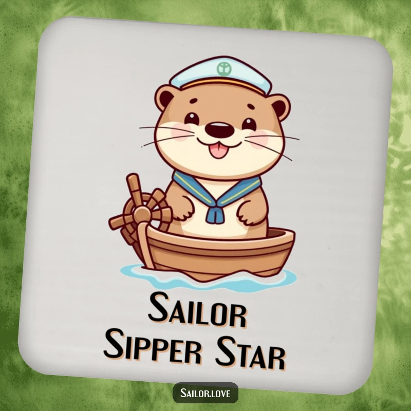 Funny drink coaster with a cheerful otter in a sailor hat, happily steering a small boat, perfect for adding nautical charm.