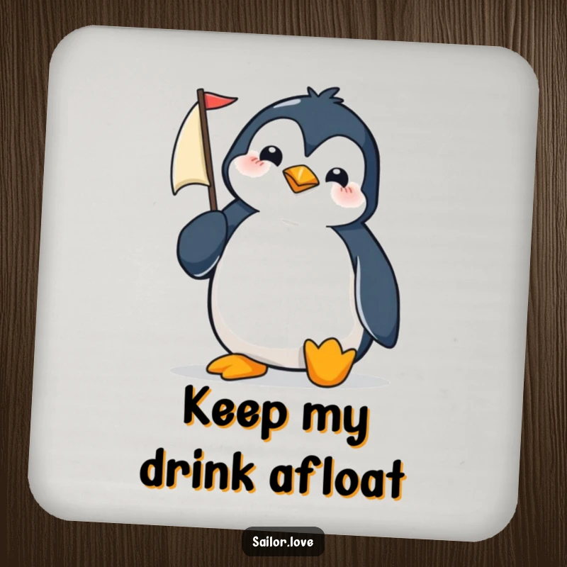 Funny penguin adjusting a tiny sail on a drink coaster, adding a touch of maritime humor.