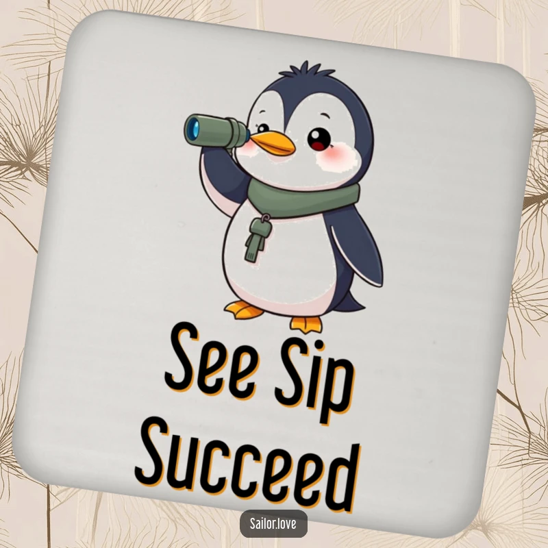 Funny drink coaster with a determined penguin holding a spyglass, looking towards the horizon, perfect for adding motivational charm.