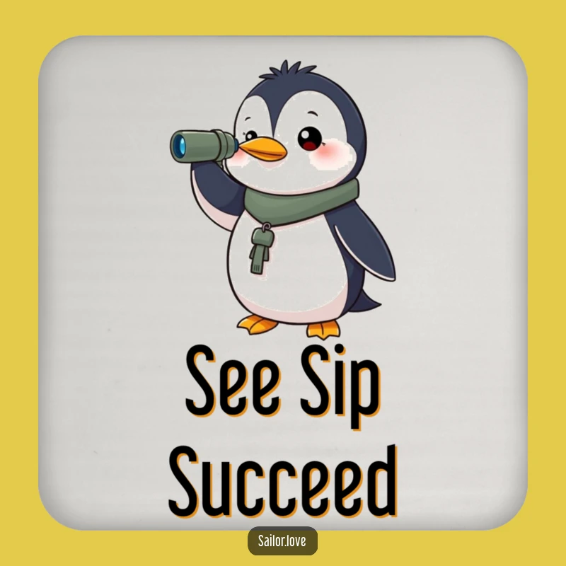 Funny Determined Penguin Coaster - Spyglass Horizon Protection, Fun Housewarming Gift!