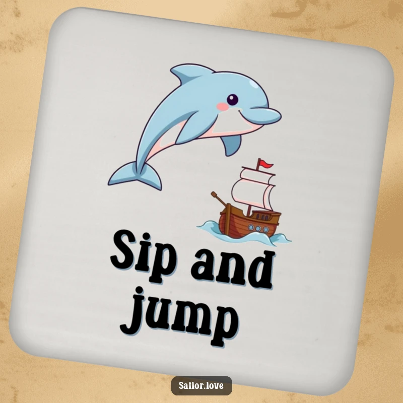Funny smiling dolphin leaping near a tiny ship on a drink coaster, bringing oceanic cheer.
