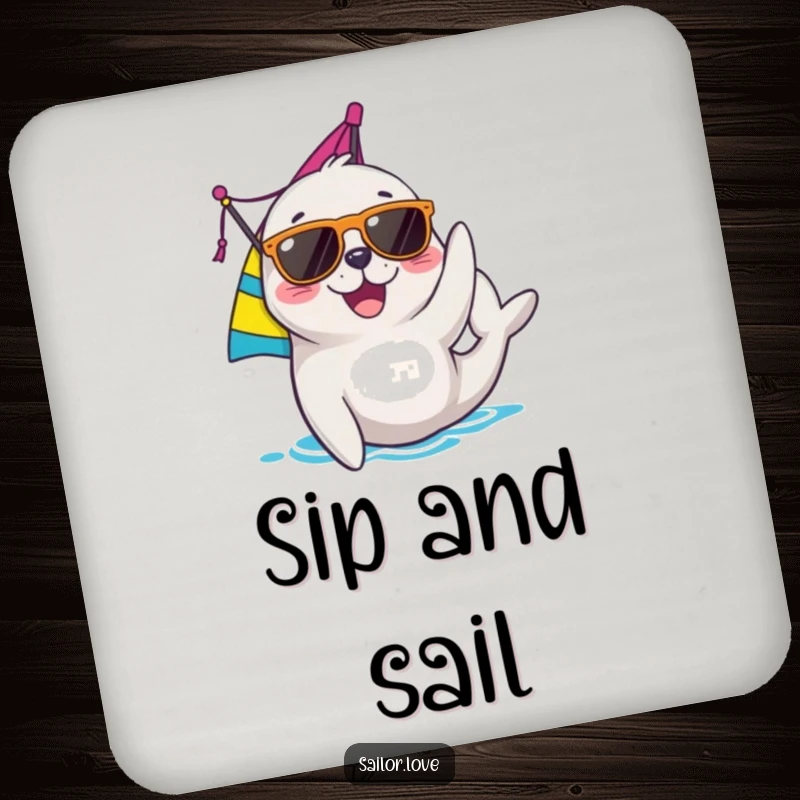 Funny seal coasters with a joyful character in sunglasses adjusting a sail, offering nautical protection and a dose of humor.