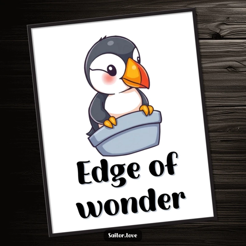 Funny puffin poster displaying a curious bird looking over a boat's edge, embodying nautical exploration and playful avian humor.