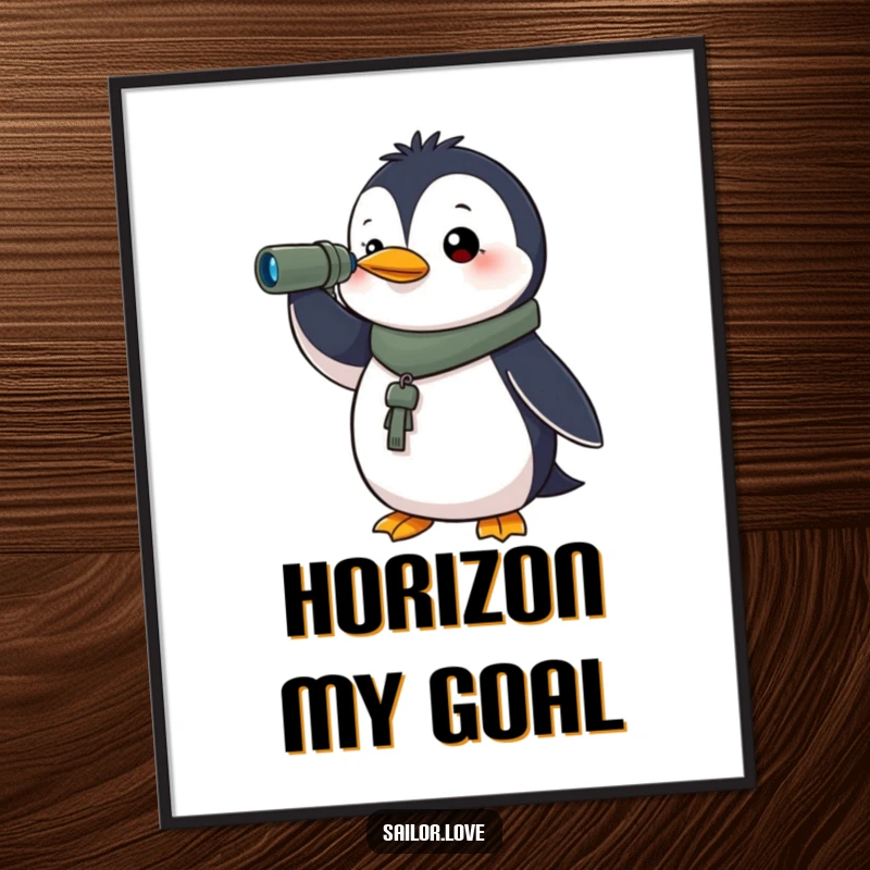 Funny poster of a determined penguin holding a spyglass, looking towards the horizon, perfect for inspiring adventure and focus.
