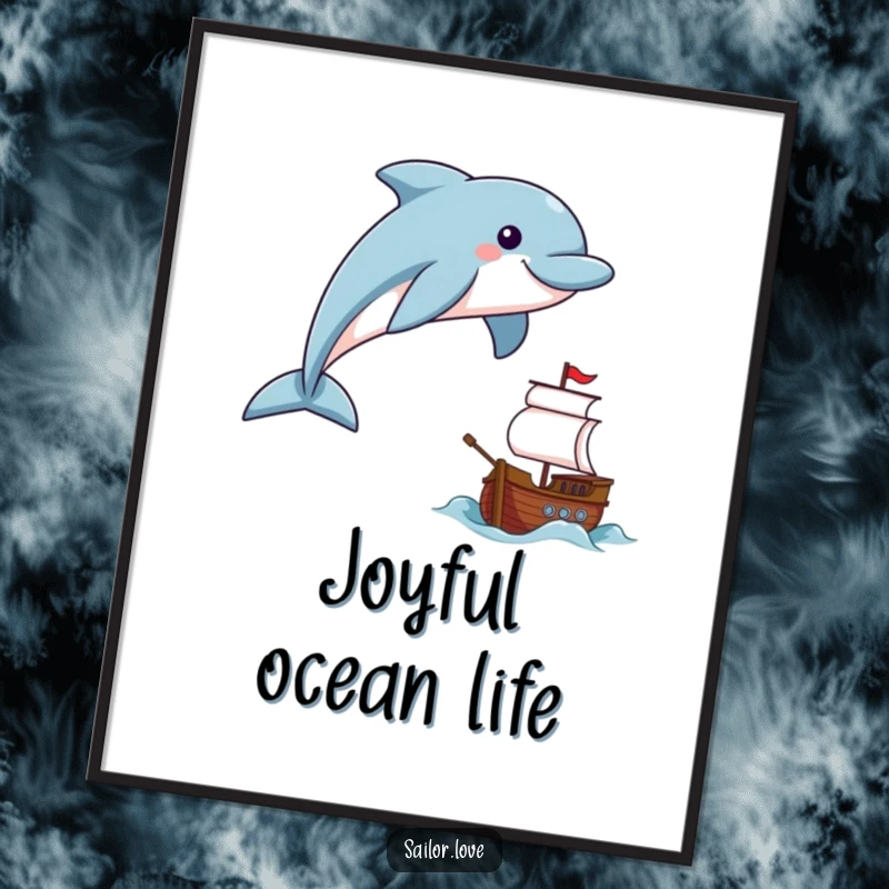 Funny smiling dolphin leaping near a tiny ship on a poster, capturing aquatic delight.