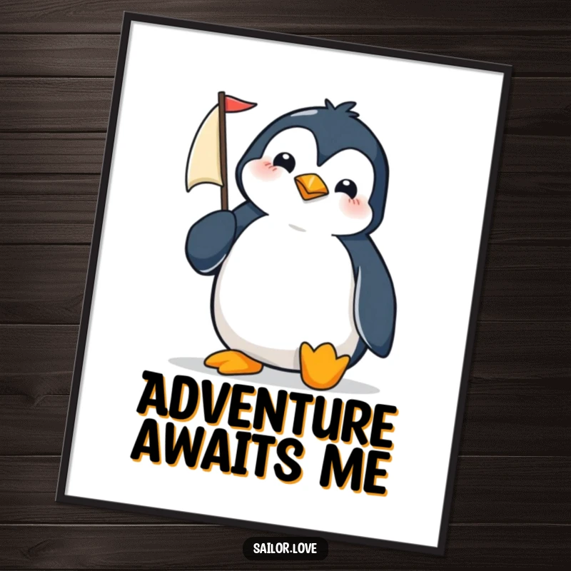 Funny penguin adjusting a tiny sail on a poster, looking determined against a seascape background.