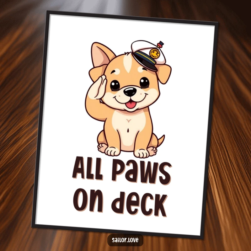 Funny Poster: A playful puppy dog in a sailor hat gives a salute, capturing adorable nautical humor.