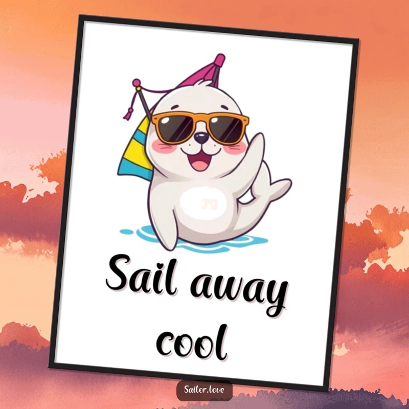 Funny seal poster of a joyful character wearing sunglasses and adjusting a sail, perfect for nautical-themed rooms and cool art.