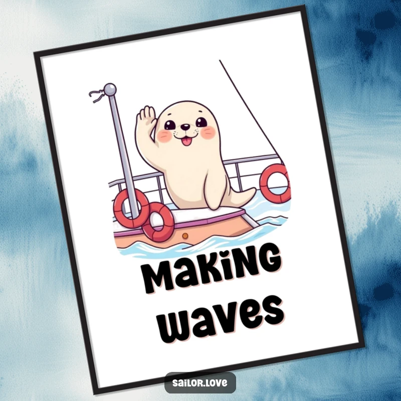 Funny poster art of a happy seal saluting from the deck of a yacht, evoking a sense of luxury and playful nautical spirit.