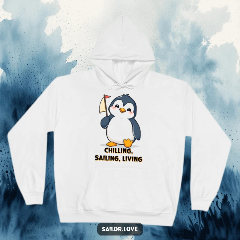 Funny penguin adjusting a tiny sail on a hoodie, exuding determination and nautical charm.