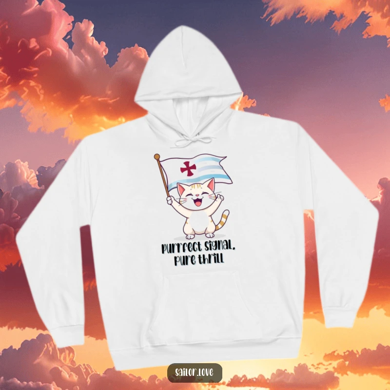 Funny Hoodie: A happy cat unfurls a nautical flag, radiating joyful and humorous sea-faring vibes.