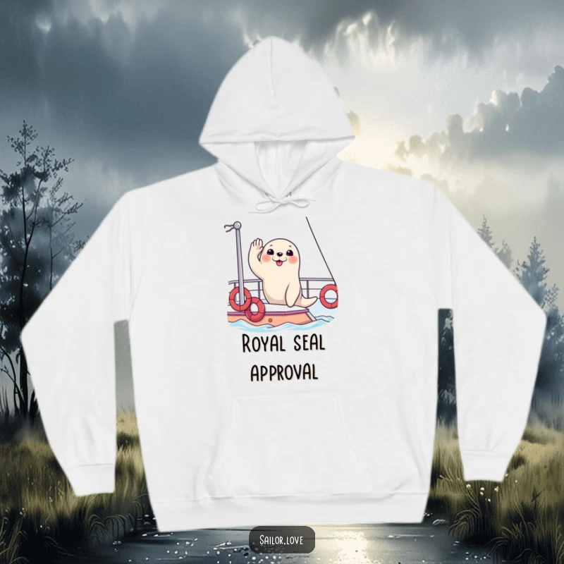 Funny hoodie featuring a happy seal saluting from the deck of a yacht, offering warmth and sophisticated nautical humor.