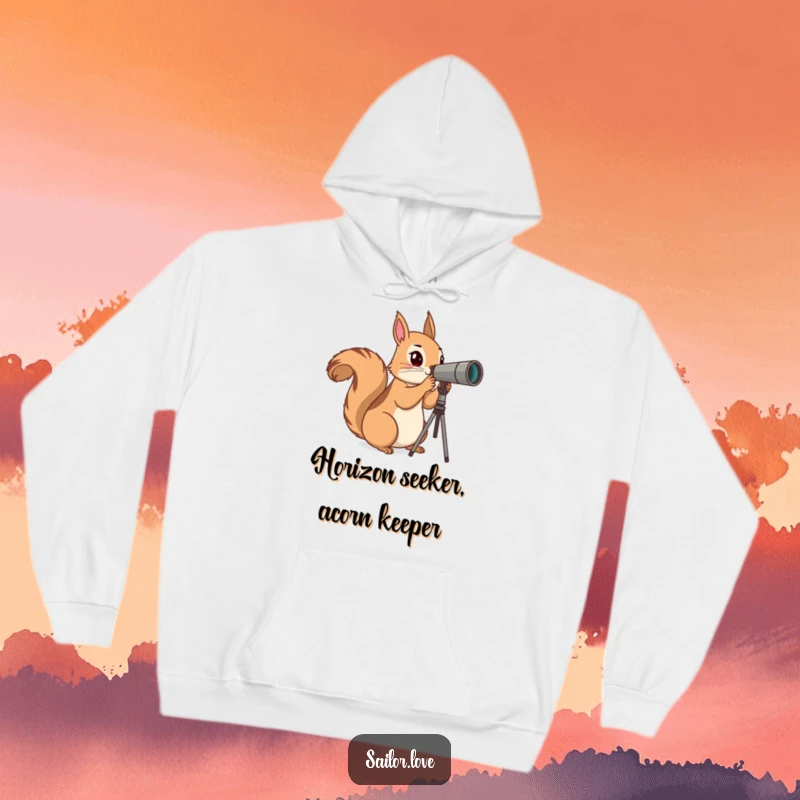 Funny Hoodie: A curious squirrel scans the horizon with a telescope, offering warm, humorous exploration vibes.